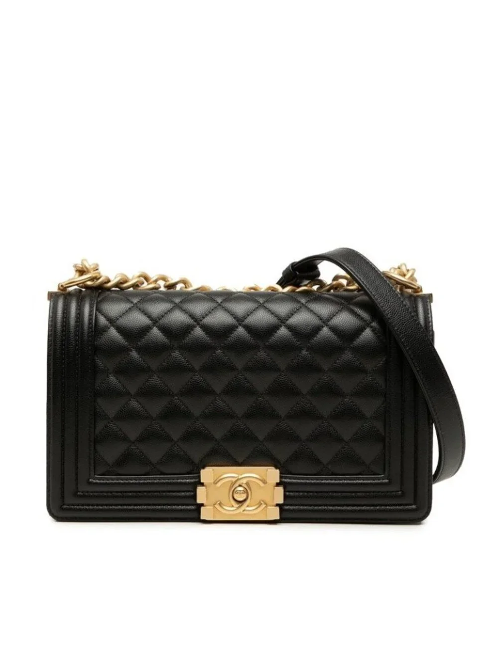 Chanel CC Logo Boy 25 Chain Shoulder Bag Black Gold Caviar Leather